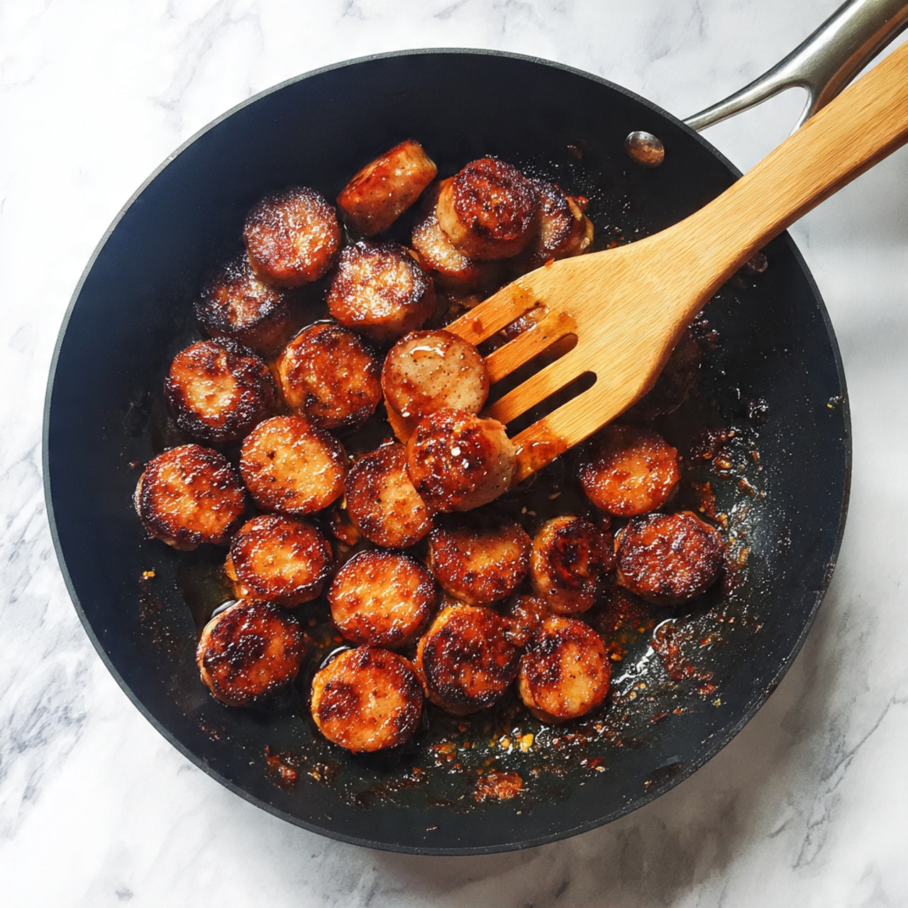 A black skillet filled with small, round, browned sausage slices that have a mix of golden and dark brown crispy edges, showing a cooked texture. A large wooden spatula lies inside the skillet, slightly lifting some sausage pieces on the right side. The skillet is placed on a white marbled surface, adding a clean and simple background to the scene. photo taken with an iphone --ar 4:5 --v 7