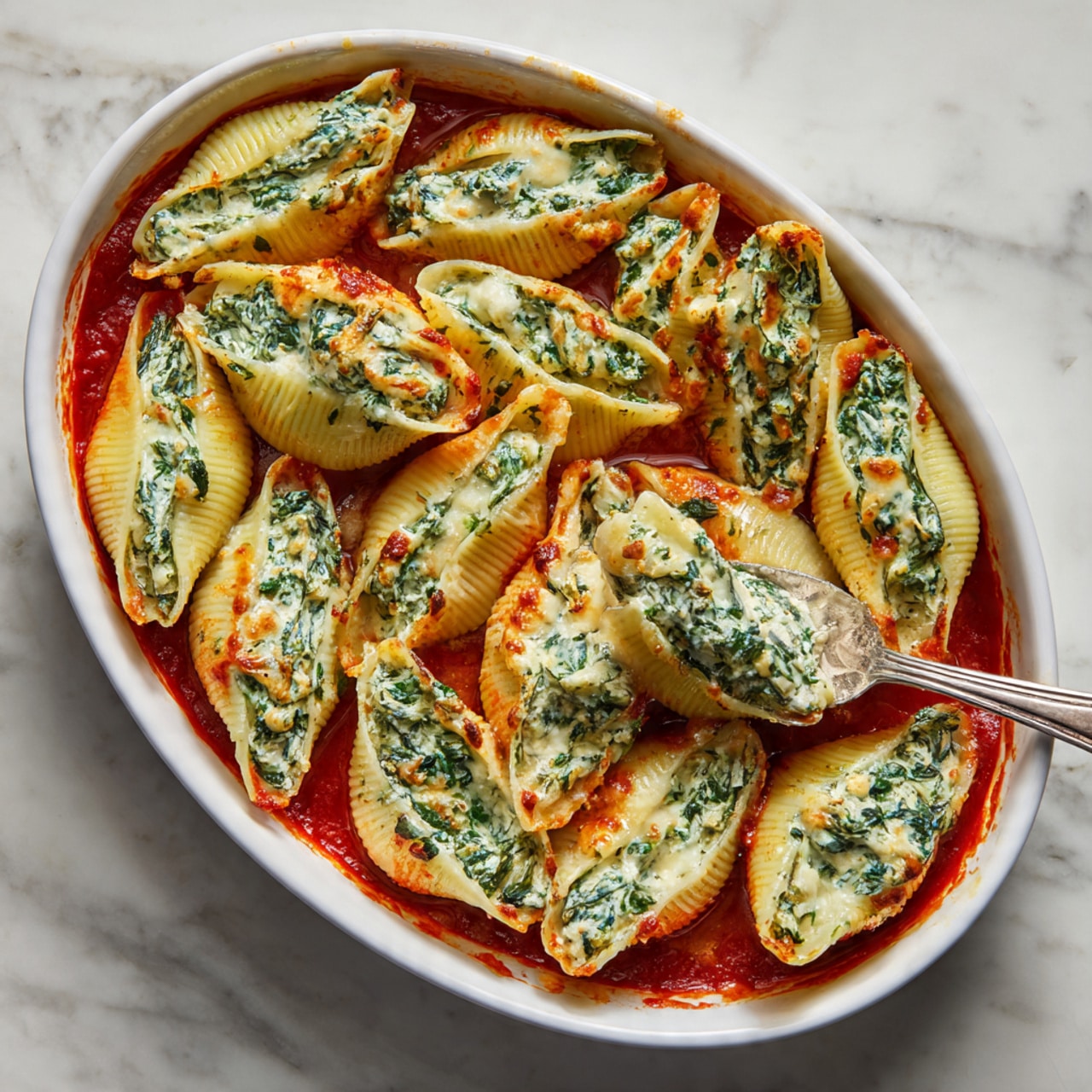 The image shows a white oval dish filled with large pasta shells arranged closely together in one layer. Each shell is stuffed with a creamy white cheese mixture mixed with green spinach pieces, creating a marbled green-and-white texture. The shells sit on a rich red tomato sauce that surrounds them in the dish's base. The cheese on the shells is slightly browned and bubbly from baking, with some melted bits on top, adding a golden touch. A silver serving spoon holds one shell, lifting it slightly, showing the rich filling inside. The dish is placed on a white marbled surface. photo taken with an iphone --ar 4:5 --v 7