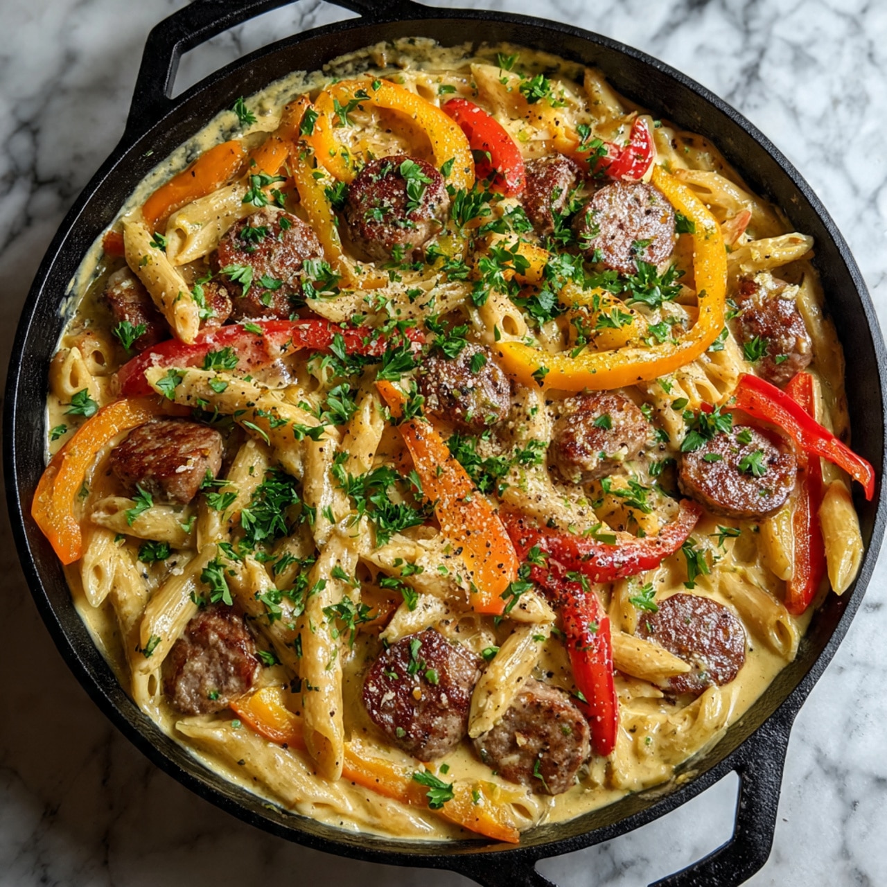 A black skillet filled with creamy pasta, mostly penne, coated in a light yellow sauce, mixed with round slices of browned sausage that have a crispy outer texture, and strips of red, orange, and yellow bell peppers scattered throughout. Fresh green parsley leaves are sprinkled on top, adding a touch of color and freshness, while cracked black pepper is lightly dusted over the dish. The skillet rests on a white marbled surface, creating a clean and bright background. photo taken with an iphone --ar 4:5 --v 7
