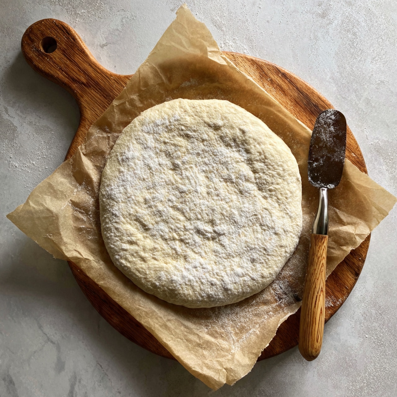 A round, flat pizza dough with a slightly uneven, soft texture lies on a brown baking paper sheet, which is placed on a wooden pizza peel with a light natural tone. The dough is pale white with subtle dimples and a slight raised edge around the perimeter. The background surface is a white marbled texture. A large metal dough scraper with some flour on its edge is visible in the top right corner of the image. Photo taken with an iphone --ar 4:5 --v 7