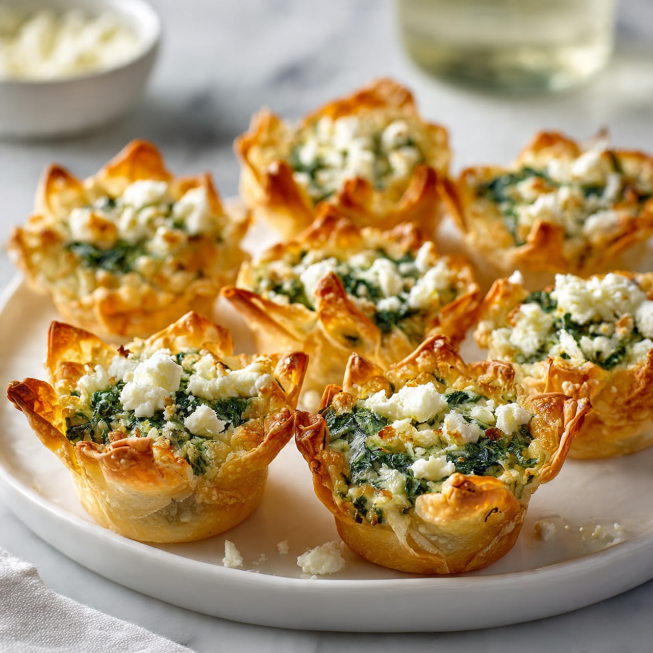 The image shows a white plate filled with nine small pastry cups arranged in three rows, each cup filled with a creamy spinach and cheese mixture. Each pastry cup has golden brown, crisp, and slightly pointed edges, holding a textured filling that is light green with darker green spinach pieces and white cheese crumbles on top. The plate sits on a white marbled surface, and in the background, there is a blurred green bowl with a white creamy dip and a glass of water. A woman's hand is partially visible holding the plate from the side. photo taken with an iphone --ar 4:5 --v 7