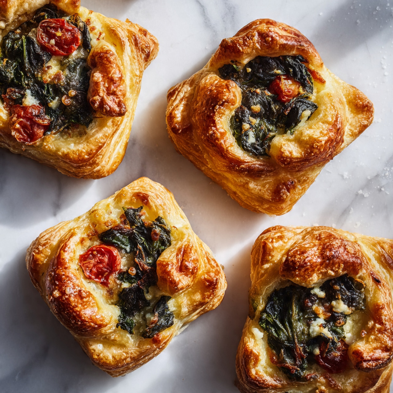 Small puff pastries with golden, flaky, layered crusts form the outer shells. Each pastry is shaped like a cup, holding a filling made of crumbled white cheese mixed with dark green spinach leaves. Some pastries show bits of red pieces, possibly tomatoes, adding a splash of color inside. The pastries are arranged closely together on a smooth white marbled background. The crust layers look crisp and slightly shiny from baking. photo taken with an iphone --ar 4:5 --v 7