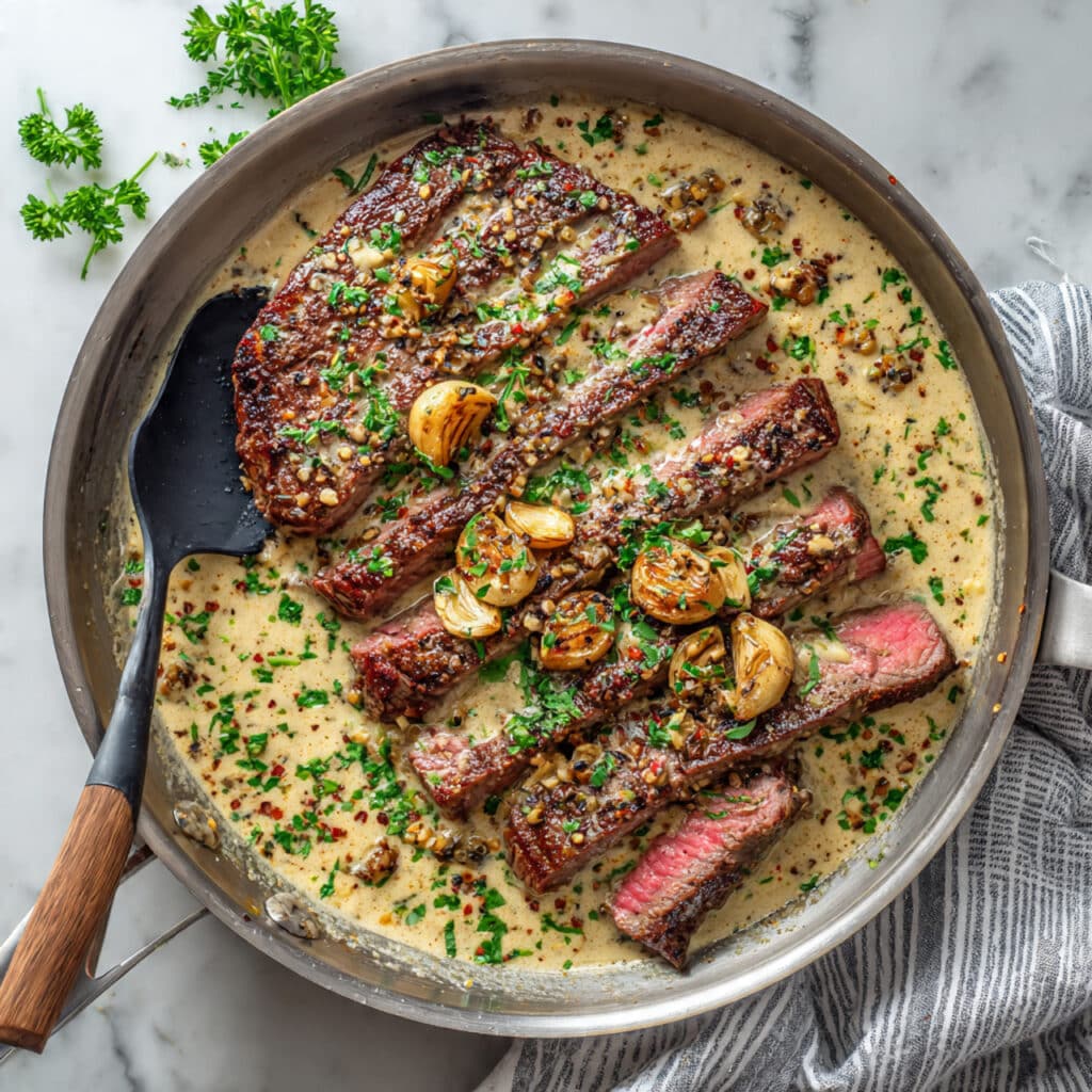 Cast Iron Bavette Steak with Whiskey Garlic Cream Sauce Recipe