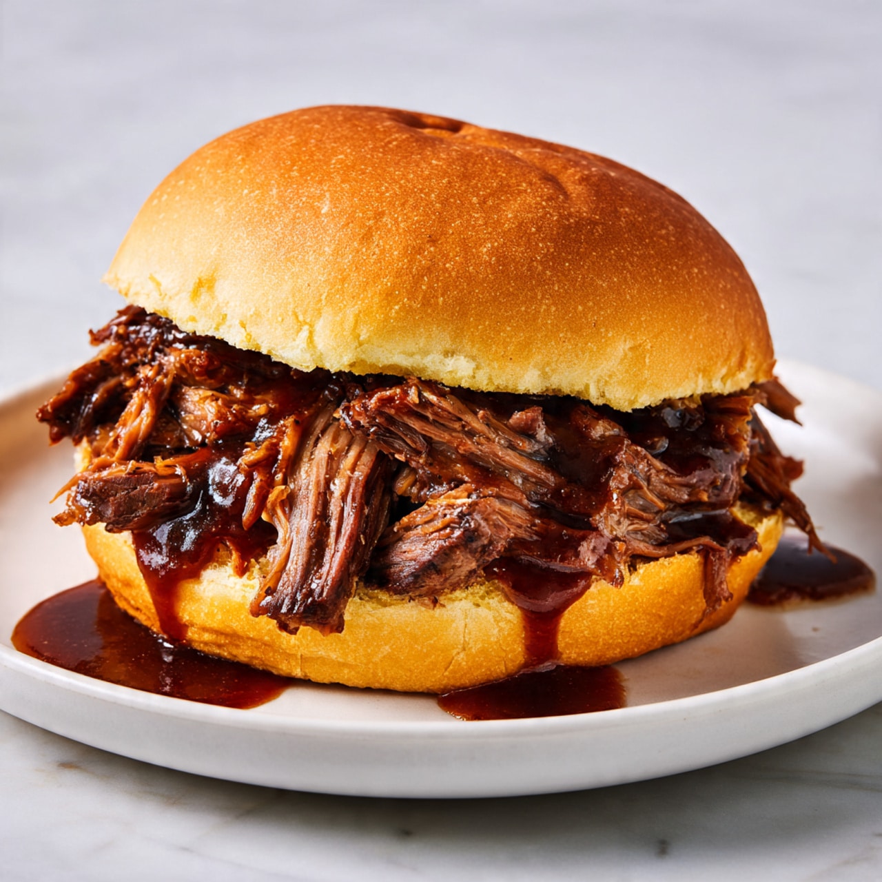 A sandwich with two soft light brown bun halves, the top one slightly domed and smooth. Between the buns, there is a thick layer of dark brown shredded meat covered in glossy, rich barbecue sauce that drips down onto the bottom bun and the white plate beneath. The shredded meat looks tender with visible strands soaked in the shiny sauce. The sandwich sits on a white marbled surface. Photo taken with an iphone --ar 4:5 --v 7