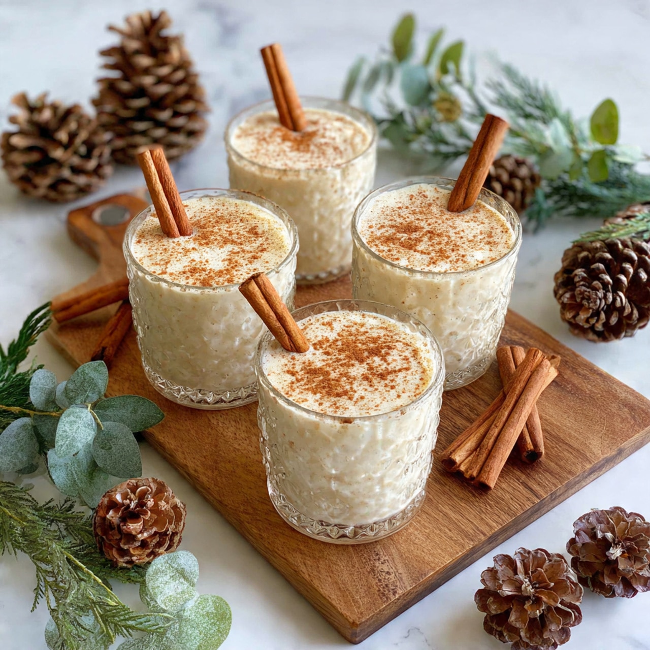 Four clear glasses are filled with a smooth, creamy white drink topped with light brown sprinkled spice. Each glass is decorated with a single cinnamon stick standing or resting on the rim. The glasses are placed on a wooden board, surrounded by whole cinnamon sticks and small brown pine cones, with a few leafy green stems adding a touch of color. The background is a white marbled texture. photo taken with an iphone --ar 4:5 --v 7
