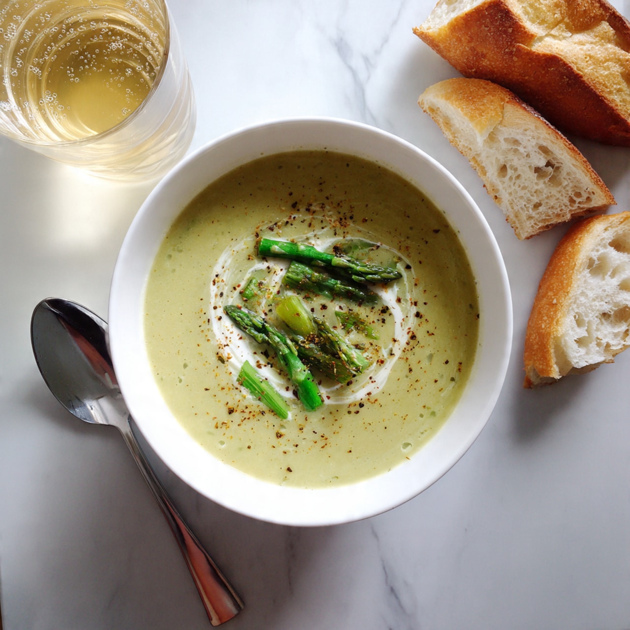 A bowl of light green soup with a smooth texture fills the center of a white bowl. The soup is topped with a swirl of white cream and several small pieces of green asparagus placed in the middle. There are small black pepper specks scattered lightly over the surface of the soup. The white bowl sits on a white marbled textured surface, next to some pieces of torn bread and a clear glass with a light drink. Photo taken with an iphone --ar 4:5 --v 7