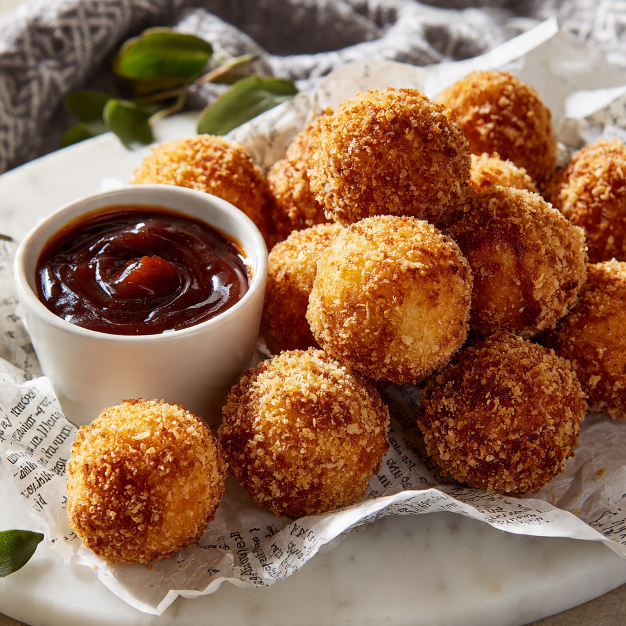 A group of light golden brown fried balls with a rough, crunchy texture sits on white paper with text. In the center, there is a small white bowl filled with thick, dark red sauce. One fried ball is dipped into the sauce, resting on the edge of the bowl. The background is a white marbled surface with some green leafy herbs and a gray and white patterned cloth partly visible. The image is bright and clear, showing the details of the crispy coating and sauce texture. photo taken with an iphone --ar 4:5 --v 7