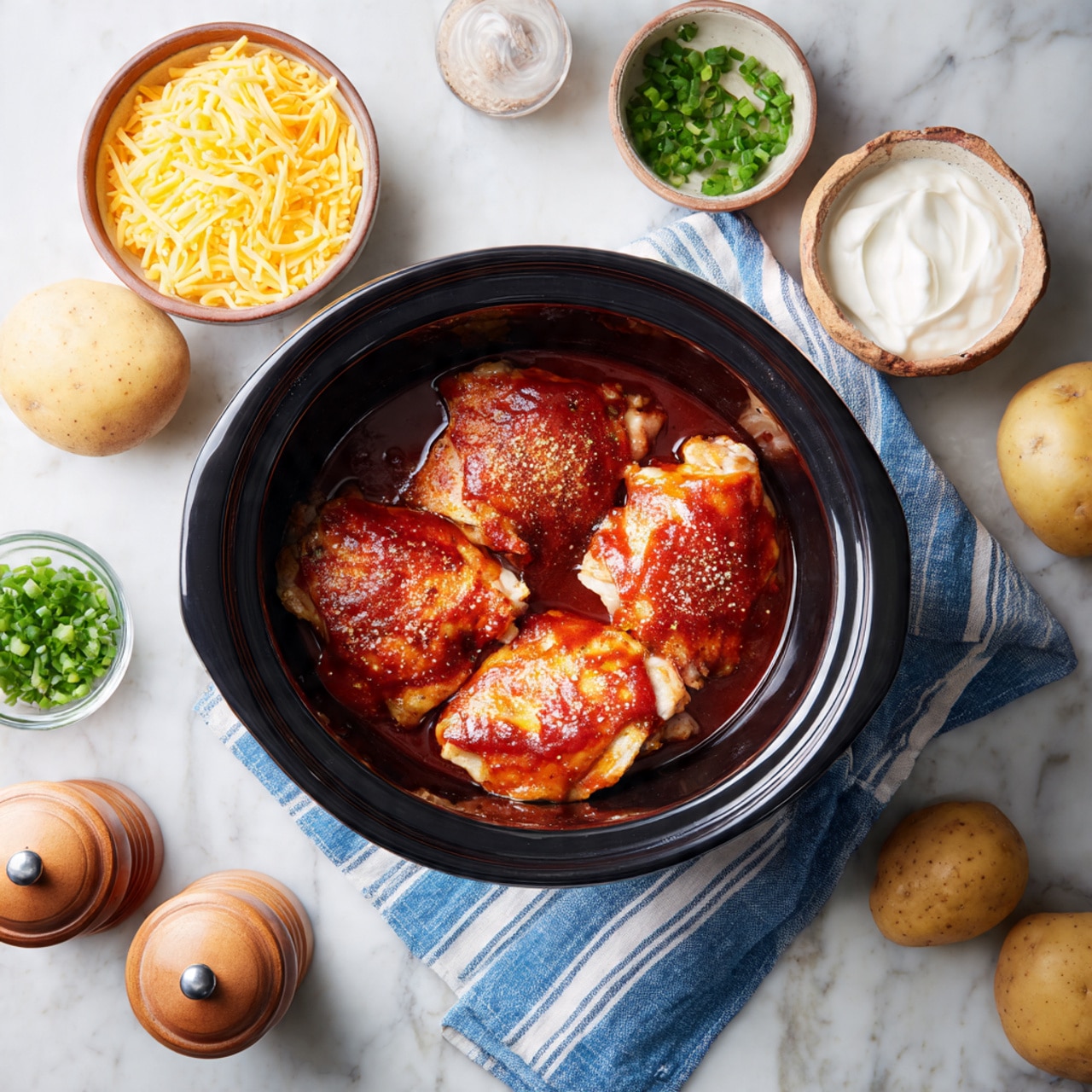 Inside a black slow cooker, there are four pieces of raw pale pink chicken thighs, each topped with a layer of reddish-brown barbecue sauce and sprinkled with a light tan powder seasoning. The slow cooker sits on a white marbled surface with a blue and white striped cloth underneath part of it. Around the cooker, there are several brown potatoes on a wooden board to the right, a small white bowl filled with shredded bright orange cheese above, a small white bowl of chopped green onions, a glass bowl with thick white sour cream below, and wooden salt and pepper shakers to the left. Photo taken with an iphone --ar 4:5 --v 7