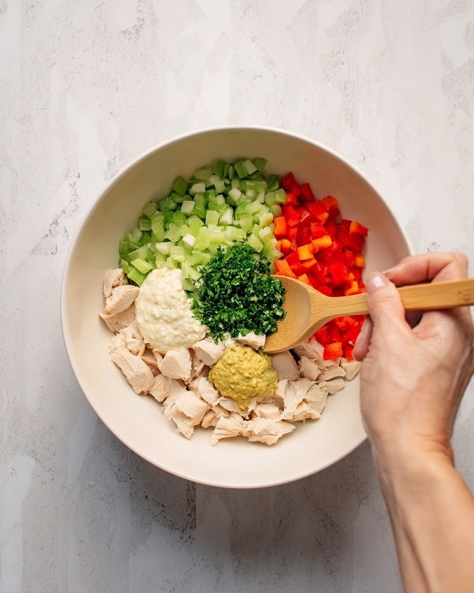 A top view of a white bowl held by a woman's hand on a white marbled surface, filled with various ingredients arranged in separate sections. There are pieces of light beige cooked chicken, finely chopped bright green celery, small diced red bell peppers, a dollop of creamy white sauce, a yellow mustard-like paste, and a small pile of finely chopped green herbs in the center. Another woman's hand stirs the ingredients gently with a light wooden spoon, mixing the bright, fresh textures and colors. Photo taken with an iphone --ar 4:5 --v 7