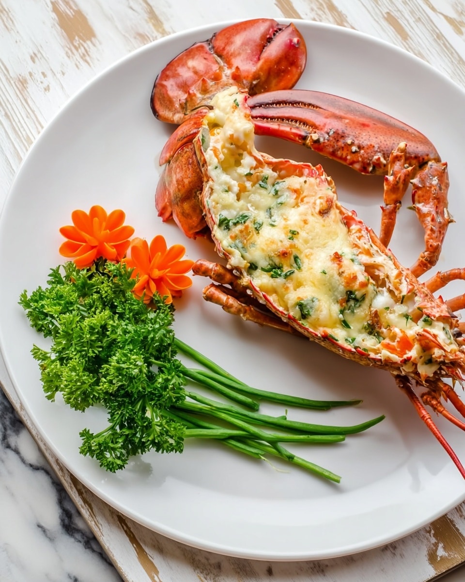 A whole cooked lobster lies on a white plate, its red shell clearly visible on the claws and legs, while the body is covered with a thick layer of melted pale yellow cheese mixed with bits of green herbs. On the right side of the plate, a small bunch of fresh green parsley is placed alongside three green beans, and two small orange carrot flowers are arranged next to the garnish, adding a pop of color. The plate is set on a white marbled surface with pale wooden textures visible in the background. photo taken with an iphone --ar 4:5 --v 7