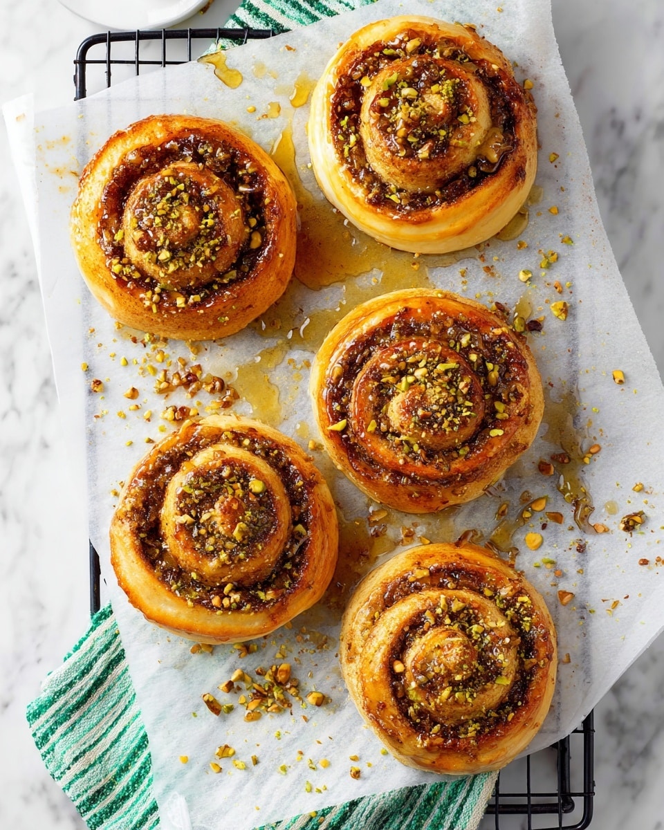 Five round swirled pastries are placed on white baking paper on a black wire rack. Each pastry has a golden brown crust with a darker brown swirl of filling inside, sprinkled with small green and brown chopped nuts on top. The outer edge of the pastries looks soft and slightly shiny, with a drizzle of honey or syrup on the paper around them. The wire rack and pastries rest on a white marbled surface with a green and white striped cloth partially visible under the rack. photo taken with an iphone --ar 4:5 --v 7