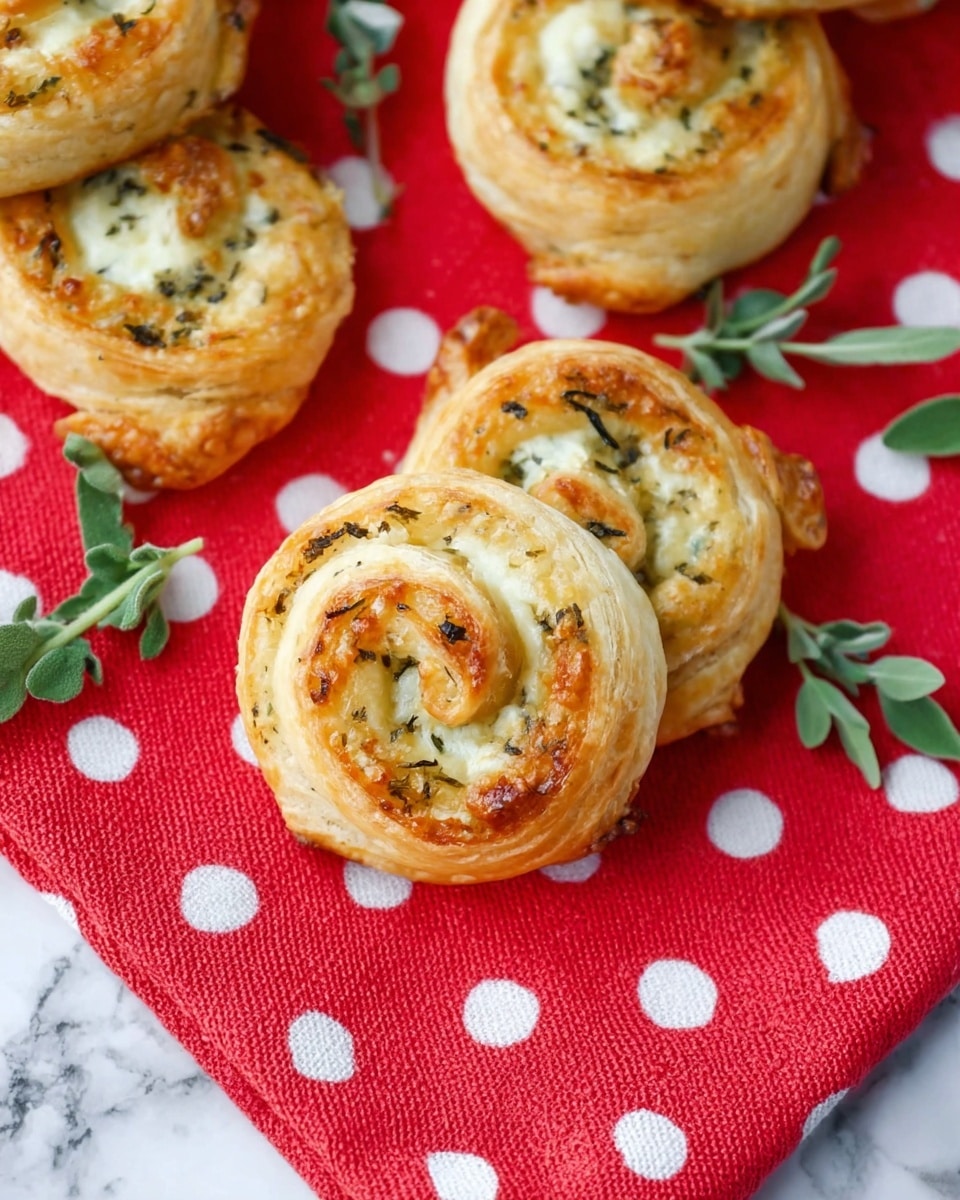 The image shows several round, golden-brown puff pastry pinwheels with visible layers of flaky dough rolled into spiral shapes. Each pinwheel has a creamy white cheese filling with small green herb bits spread evenly throughout. The pinwheels are placed on a red cloth with large white polka dots. Green herb leaves are scattered as decoration around the pinwheels. The whole scene sits on a white marbled surface. photo taken with an iphone --ar 4:5 --v 7