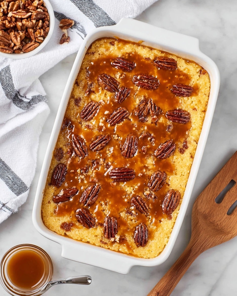 A white rectangular baking dish holds a dessert with two visible layers; the bottom layer looks soft and pale yellow with a crumbly texture, topped with a golden caramel sauce layer that glistens and spreads evenly across the surface. The caramel covers scattered pecan halves, adding a darker brown color and a crunchy texture contrast on top. The dish rests on a white marbled surface, accompanied by a wooden spatula and a white napkin with black stripes nearby. On the side, there is a small white bowl filled with pecans and a small glass bowl with caramel sauce. Photo taken with an iphone --ar 4:5 --v 7
