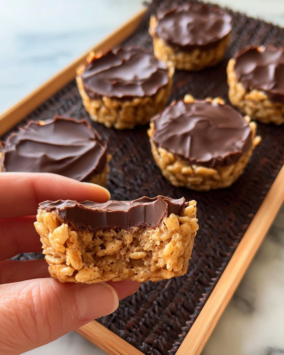 A stack of three round treats made of light brown crispy puffed cereal mixed with a smooth, slightly shiny layer of dark brown chocolate on top, with a wavy texture on the chocolate’s surface; there are two more similar treats placed on a white marbled surface around the stack. The cereal layer is dense and textured, while the chocolate layers look soft and slightly thick, covering the top of each treat evenly. The image is taken close up, showing clear details of the texture and shape of the treats, all placed on a white marbled textured surface photo taken with an iphone --ar 4:5 --v 7