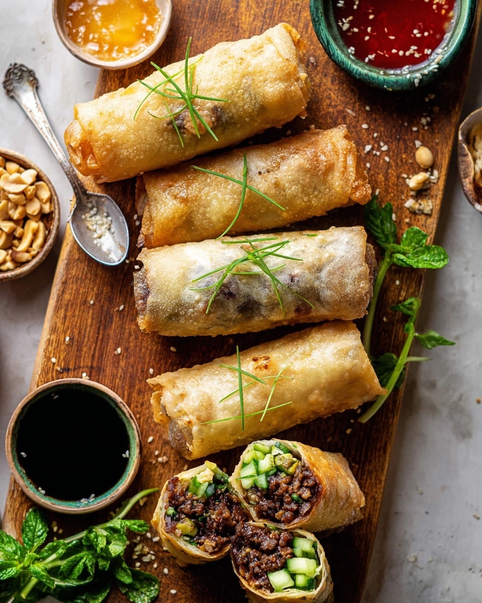 The image shows five light golden fried spring rolls on a wooden board with a white marbled texture background. Three rolls are whole and stacked, topped with thin green herb sprigs, while two rolls are cut open to show three layers inside: a dark brown cooked meat layer, a bright green cucumber layer, and leafy green herbs. Around the rolls are small bowls of dark soy sauce, a light orange sauce with sesame seeds, and peanuts. A silver spoon with a reddish sauce and fresh green herbs add color to the scene. The spring rolls have a slightly bubbled, crispy texture and a shiny surface from oil. Photo taken with an iphone --ar 4:5 --v 7