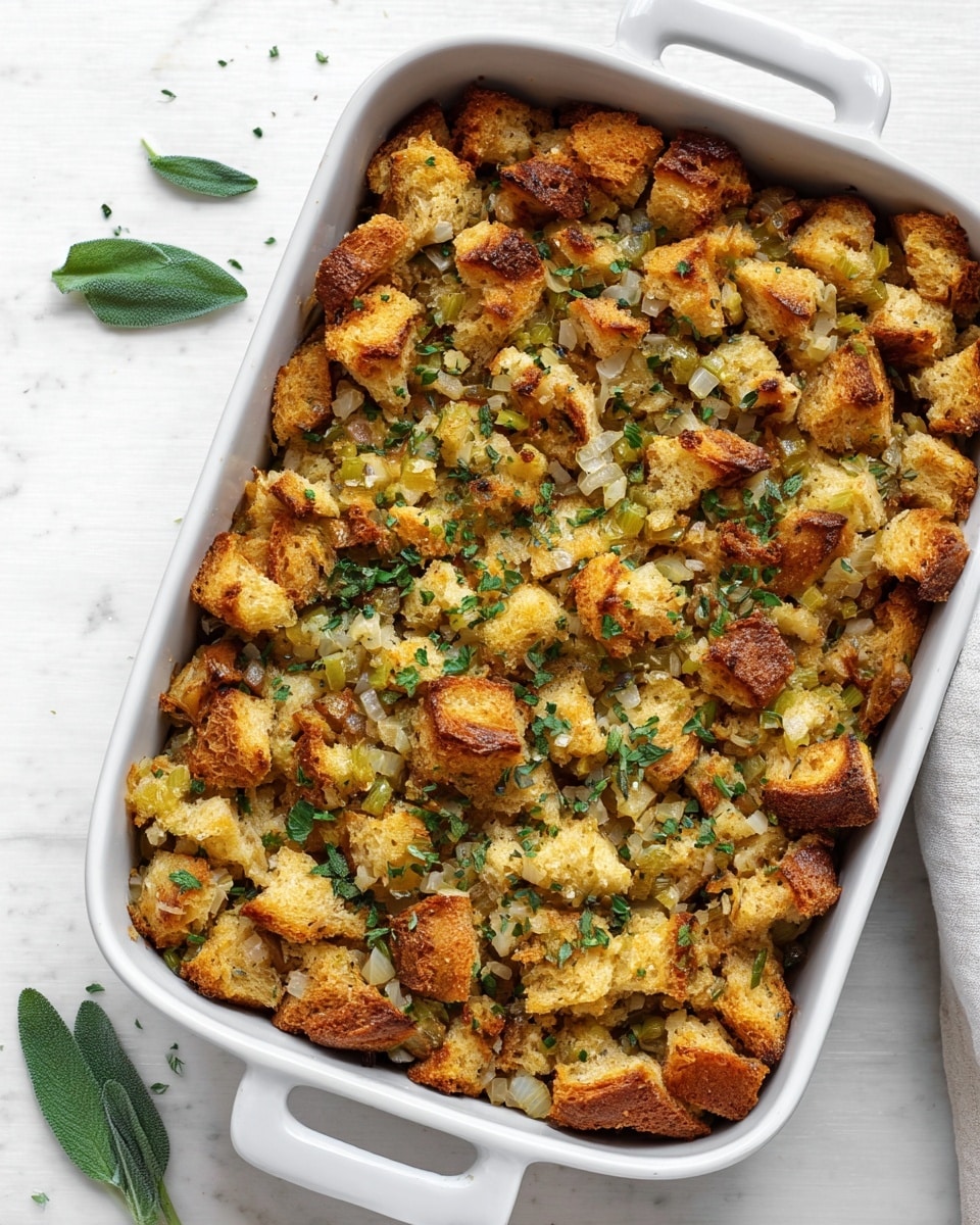 A white rectangular baking dish filled with baked stuffing made of golden brown bread pieces mixed with small bits of cooked onion and celery, sprinkled with finely chopped green herbs on top. The stuffing looks crunchy on the edges and soft inside, with a slightly uneven texture from the bread chunks. The dish sits on a white marbled surface with a few green sage leaves scattered around. photo taken with an iphone --ar 4:5 --v 7
