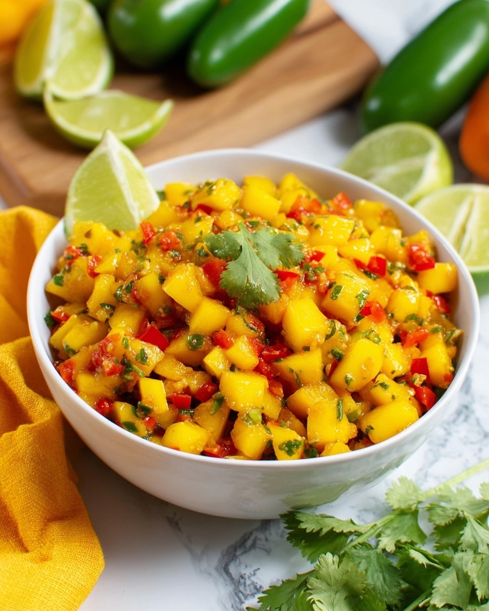 A white bowl filled with a colorful mango salsa made of small yellow mango pieces mixed with red and green diced peppers and herbs, all well combined with a glossy, slightly saucy texture. The salsa is topped with a small green cilantro leaf, and a lime wedge is placed on the side inside the bowl. The bowl sits on a white marbled surface with a yellow cloth and some green cilantro nearby, along with two lime wedges and a wooden board with green peppers in the background. photo taken with an iphone --ar 4:5 --v 7