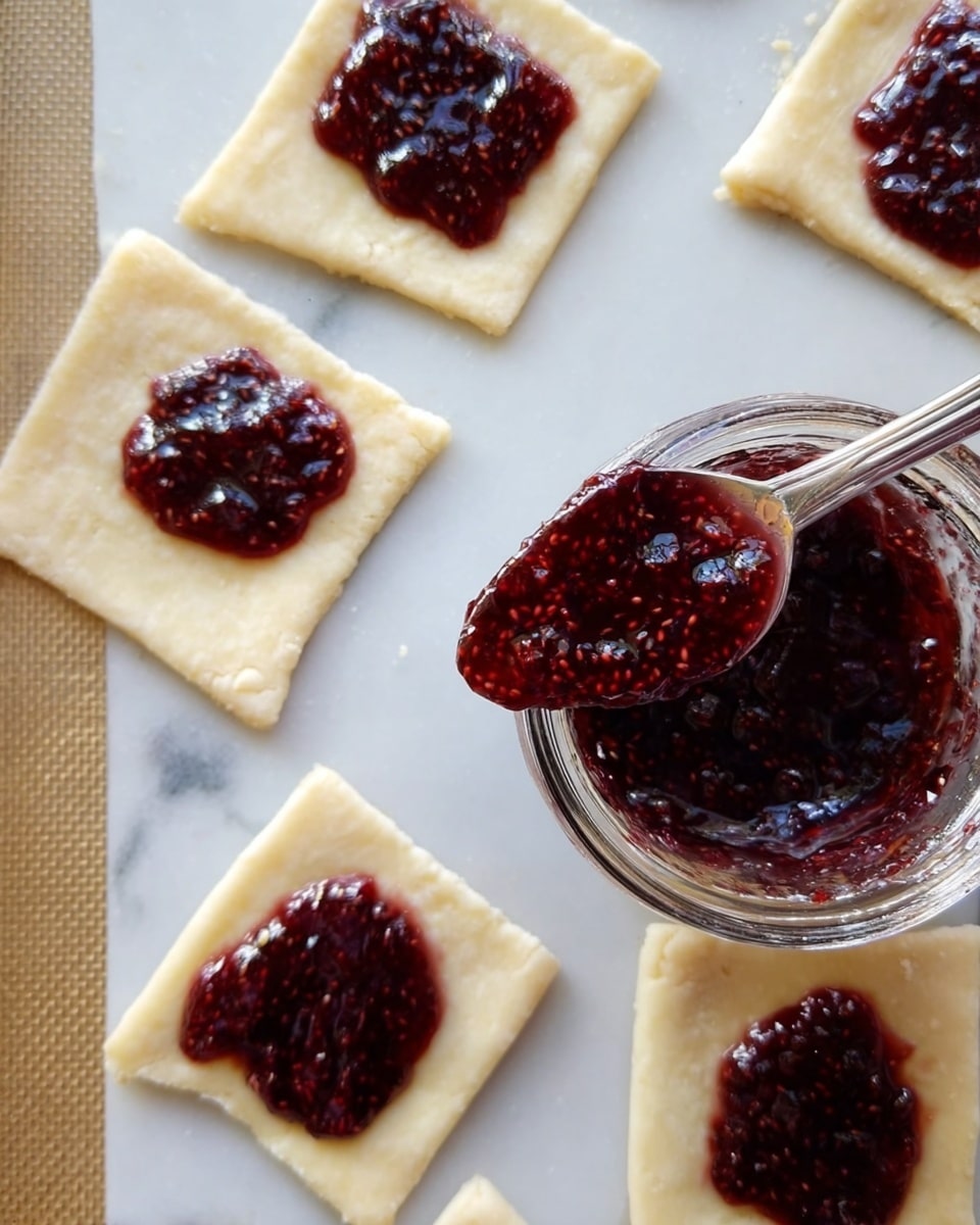 The image shows several square pieces of light beige dough laid out on a white marbled surface, each with a dollop of dark red jam spread roughly in the center with visible seeds and a slightly thick texture. A silver spoon is lifting some jam from the open glass jar filled with the same dark red jam, placed at the bottom center of the image. The scene captures a close-up view of the dough squares ready for further preparation, with some space between each. The light beige dough contrasts with the rich dark red color of the jam, and the image has warm natural lighting. Photo taken with an iphone --ar 4:5 --v 7