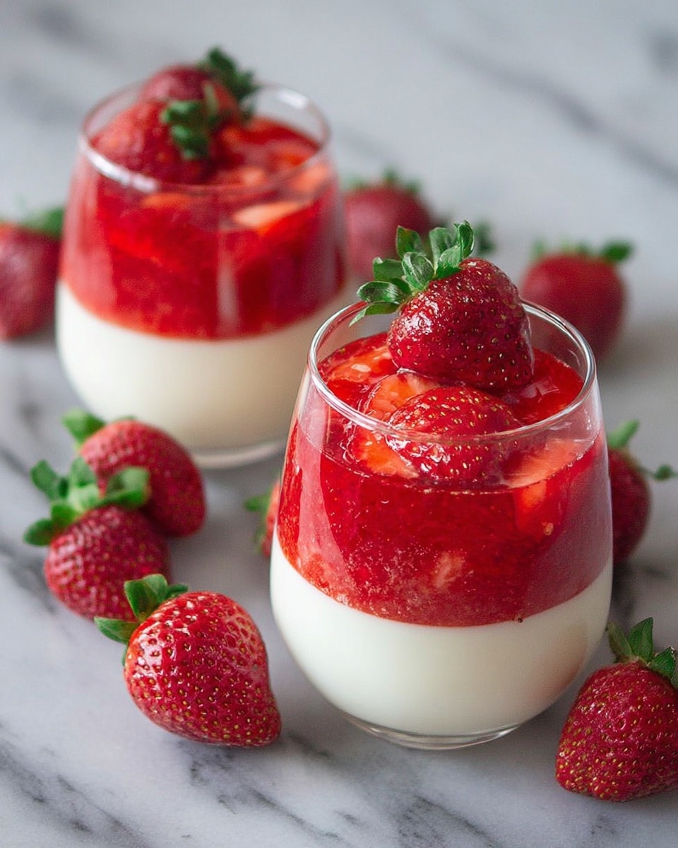 Two clear glasses each hold a two-layer dessert placed on a dark surface. The bottom layer is smooth and creamy white, filling about two-thirds of the glass. The top layer is a bright red strawberry sauce with visible chunks of strawberries, spreading evenly over the white layer. Each glass is topped with a whole fresh strawberry with green leaves. Around the glasses, several fresh whole strawberries with green leaves lie scattered. The photo is taken with an iphone --ar 4:5 --v 7