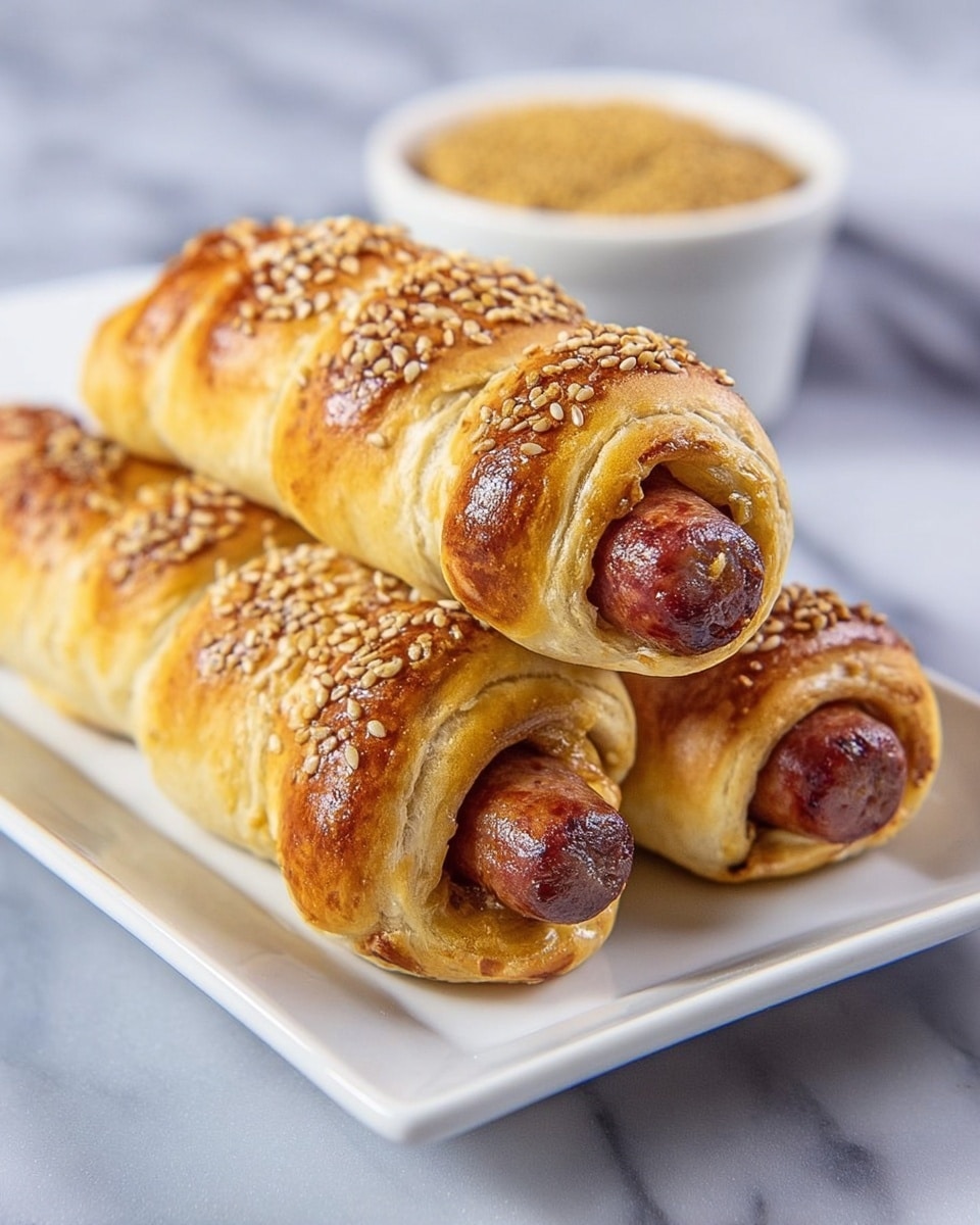 Three golden-brown sausage rolls are stacked on a white rectangular plate, with the sausages wrapped in soft, shiny pastry dough that is sprinkled with sesame seeds. The sausages are visible at the open ends of the rolls, showing a rich brown color and slightly shiny texture. In the background on the same white plate, there is a small round dish filled with grainy mustard sauce. The plate is placed on a white marbled surface. Photo taken with an iphone --ar 4:5 --v 7