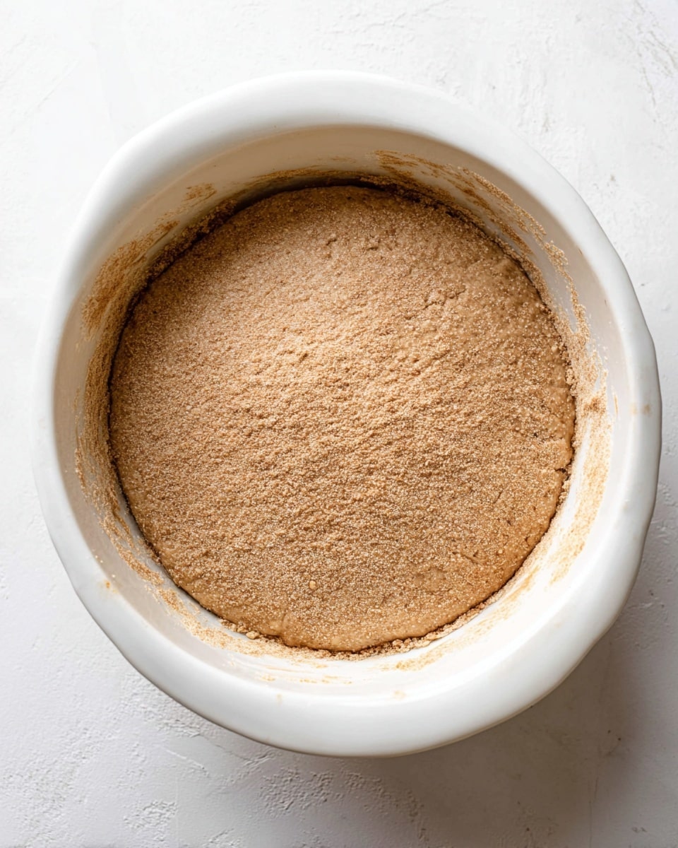 A single round layer of light brown dough with a slightly uneven, textured surface, sitting in a white bowl with a curved edge, the dough filling most of the bowl and touching its sides, with some residue marks visible inside the bowl. The background is a white marbled texture. photo taken with an iphone --ar 4:5 --v 7