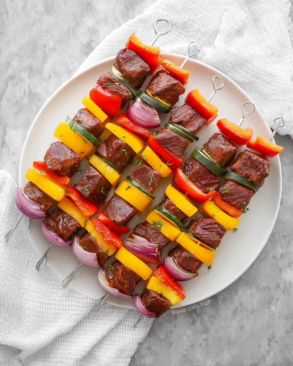 A white round plate holds six metal skewers arranged side by side, each loaded with alternating layers of four chunky pieces of dark brown marinated meat, three thick slices of yellow squash, three bright red bell pepper chunks, and three sections of pale purple onion. The skewers rest on a white marbled surface with a white cloth napkin nearby. The colors of the meat, red bell pepper, yellow squash, and purple onion create a vibrant and fresh look. Photo taken with an iphone --ar 4:5 --v 7