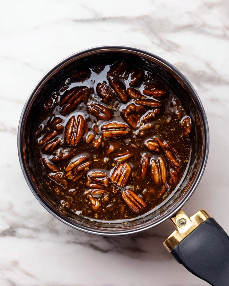The image shows a black pot filled with a glossy, thick liquid that is dark brown in color. Floating on the surface are many whole pecans which have a shiny, rich brown texture. The pot has a black handle with a gold metal part connecting it to the pot, and it sits on a white marbled surface. The liquid and nuts fill the pot almost to the top, creating a smooth and sticky look. Photo taken with an iphone --ar 4:5 --v 7