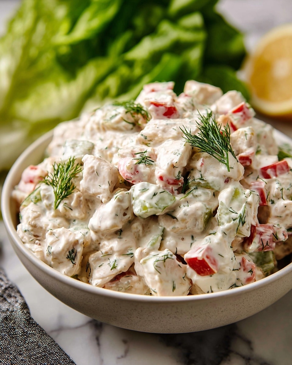 A close-up view of a white bowl filled with a creamy salad made of small white cubes of chicken mixed with chopped red bell peppers and green celery bits, all coated in a thick, white sauce with visible flecks of fresh dill. The salad appears soft and chunky, with the colors of the ingredients evenly spread throughout. The bowl is placed on a white marbled surface, with some fresh green lettuce and a lemon wedge blurred in the background. photo taken with an iphone --ar 4:5 --v 7