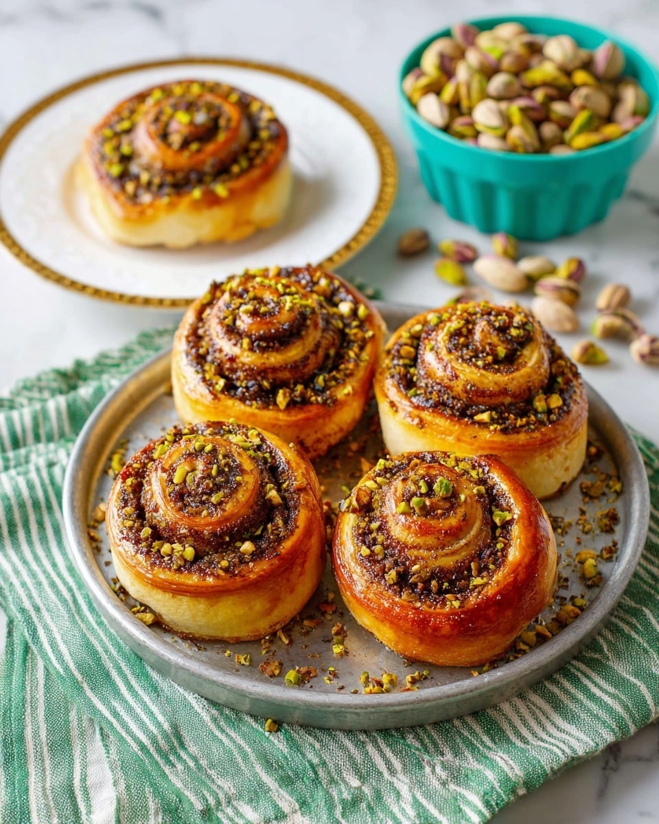 The image shows five golden brown swirled rolls with a nut topping, arranged on a round metal tray that rests on a green and white striped cloth over a white marbled surface. Four rolls are grouped on the tray while one sits alone on a white plate with a gold rim in the background. The rolls have visible layers of dough spiraled with a dark nut mixture inside, sprinkled generously with crushed pieces of greenish pistachios that add texture and color. To the back right, there is a turquoise bowl filled with whole pistachio nuts, some scattered around it for a rustic touch. Photo taken with an iphone --ar 4:5 --v 7