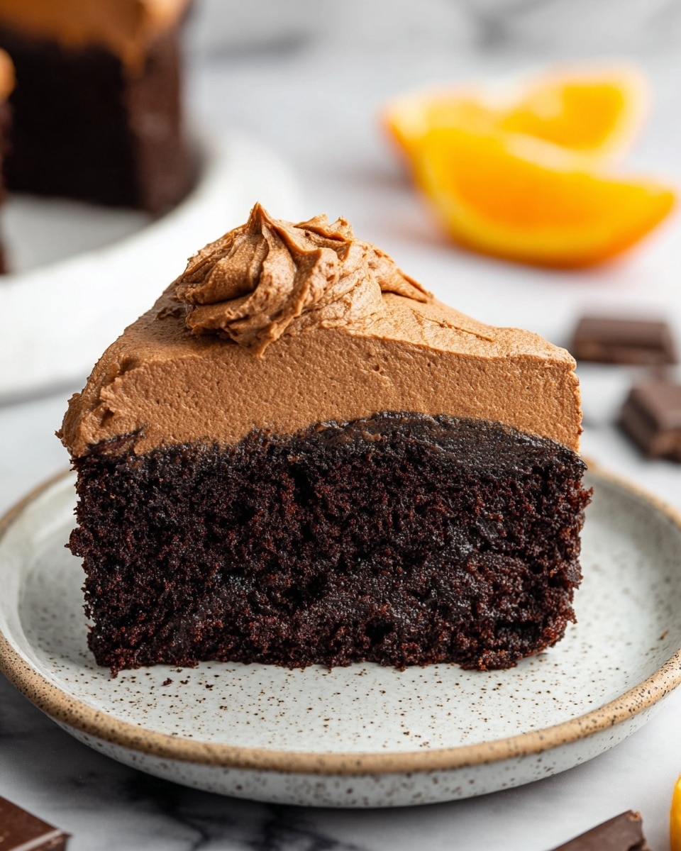 A single slice of dark chocolate cake sits on a white speckled plate with a slightly raised rim. The cake has one thick bottom layer that looks moist and dense with a rich dark brown color. On top is a thick, smooth layer of lighter brown chocolate frosting, swirled with visible soft peaks and texture. The background features a white marbled surface with out-of-focus pieces of chocolate and an orange slice nearby. The lighting is soft, highlighting the cake’s texture and frosting details. Photo taken with an iphone --ar 4:5 --v 7