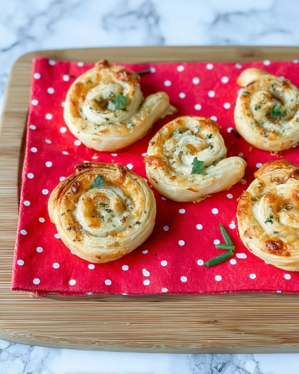 The image shows five small round puff pastry swirls with a golden-brown crisp outer layer and a lighter creamy filling inside. Each swirl has a slightly uneven spiral shape with some green herb pieces scattered on and around them. They are arranged on a red cloth with white polka dots, placed on a wooden board, all set against a white marbled surface. photo taken with an iphone --ar 4:5 --v 7