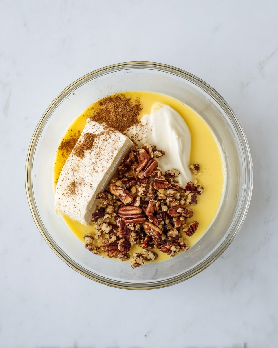 A clear glass bowl sits on a white marbled surface, filled with several ingredients yet to be mixed. The bottom layer shows a smooth yellow liquid spread unevenly around the bowl. On the left side, there is a rectangular block of white cream cheese sprinkled with brown cinnamon powder. Next to it, a thick pool of light cream stands out beside a pile of chopped pecans with rich brown and tan shades gathered on the right side of the bowl. The textures vary from smooth cream cheese and liquid to the rough, uneven bits of nuts, creating a clear separation among the layers photo taken with an iphone --ar 4:5 --v 7