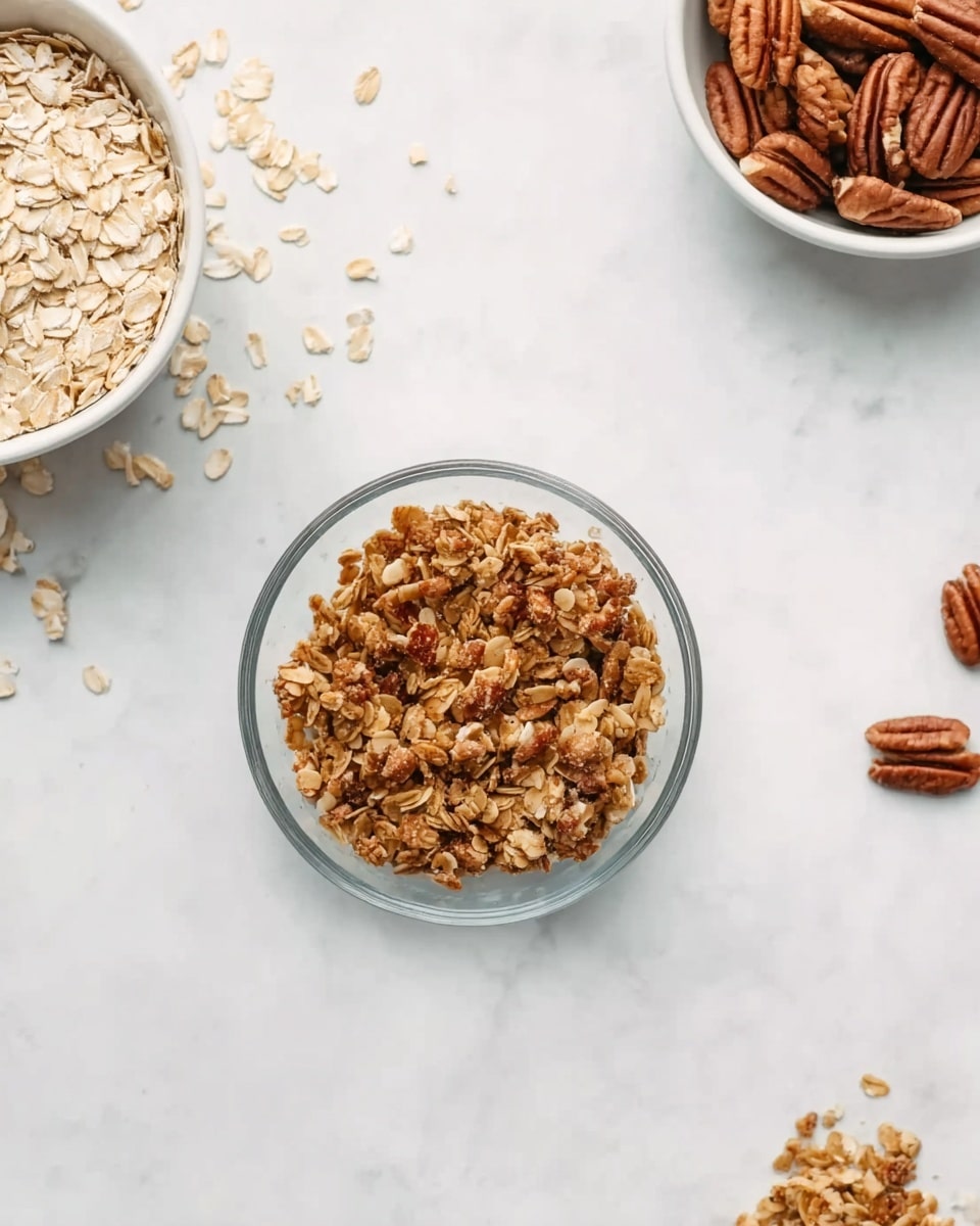 The image shows a clear glass bowl filled with a golden brown granola mix placed near the center on a white marbled surface. In the upper left, there is a white bowl full of light beige oats with some oats scattered nearby. To the upper right, a white bowl containing whole and halved pecans is visible, with a few pieces spread around the bowl. The overall look is neat and clean, with a soft, natural light highlighting the textures of the oats, pecans, and granola. Photo taken with an iphone --ar 4:5 --v 7