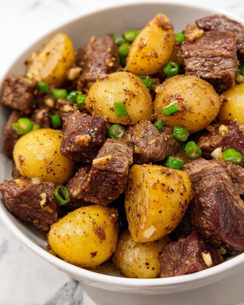 A close-up view of a white bowl filled with a mix of cooked cubed beef and yellow baby potatoes. The beef pieces are dark brown with visible seasoning, small bits of garlic, and a slightly moist texture. The baby potatoes are halved or quartered, showing a golden-yellow skin with some seasoning and a shiny, soft appearance. Small green onion slices are scattered over the meat and potatoes, adding a fresh green color contrast. The bowl rests on a white marbled surface. photo taken with an iphone --ar 4:5 --v 7
