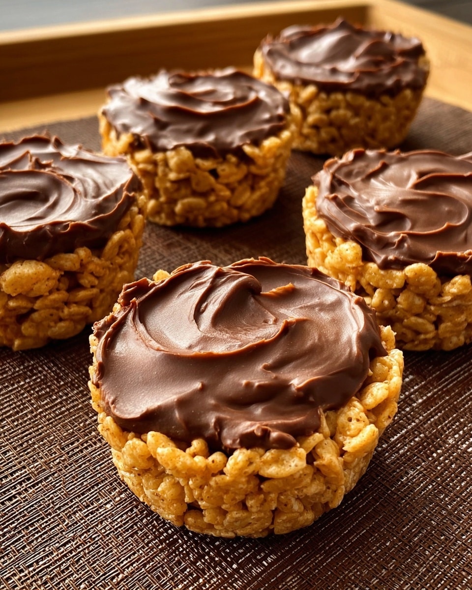 The image shows five small round treats arranged on a dark brown woven mat with a light wooden border. Each treat has two visible layers: a golden brown crispy bottom layer made of rice cereal or puffed grains, and a smooth dark chocolate layer on top with a slightly wavy texture. One treat is held close to the camera by a woman's hand, showing the inside where the crispy bottom and chocolate top layers meet, highlighting the crunchy texture of the bottom and the shiny, smooth surface of the chocolate. The background is a white marbled surface outside the mat. photo taken with an iphone --ar 4:5 --v 7