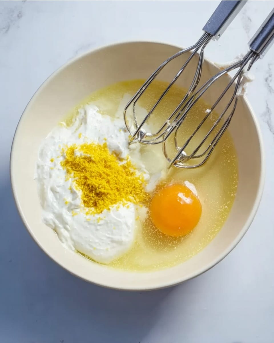 A white bowl contains several ingredients ready to be mixed. At the bottom layer, there is a clear, light yellow liquid, most likely oil or syrup. On the left side, there is a dollop of thick white cream or yogurt. Near the top center, a small pile of bright yellow zest rests. On the right side, a single raw egg with an intact yolk and clear egg white sits beside the other ingredients. Two metal beaters of a mixer are partially submerged, hovering above the bowl. The bowl is on a white marbled surface. photo taken with an iphone --ar 4:5 --v 7