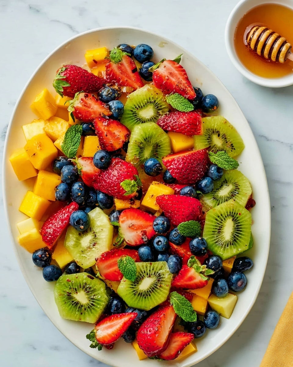 A white plate is filled with a colorful fruit salad that has several layers. The bottom layer is made of small yellow and orange fruit cubes with a smooth texture, likely mango and cantaloupe. On top of this, there are bright green slices of kiwi, which show their small black seeds and light green centers. Scattered across are red strawberry halves with a slightly glossy look and small seeds on their surface. Blue blueberries, round and shiny, are spread evenly among the other fruits. Small green mint leaves are sprinkled on top, adding a fresh touch. The background is a white marbled surface, and on the top right corner, a small white bowl with golden honey and a wooden honey dipper is visible. photo taken with an iphone --ar 4:5 --v 7