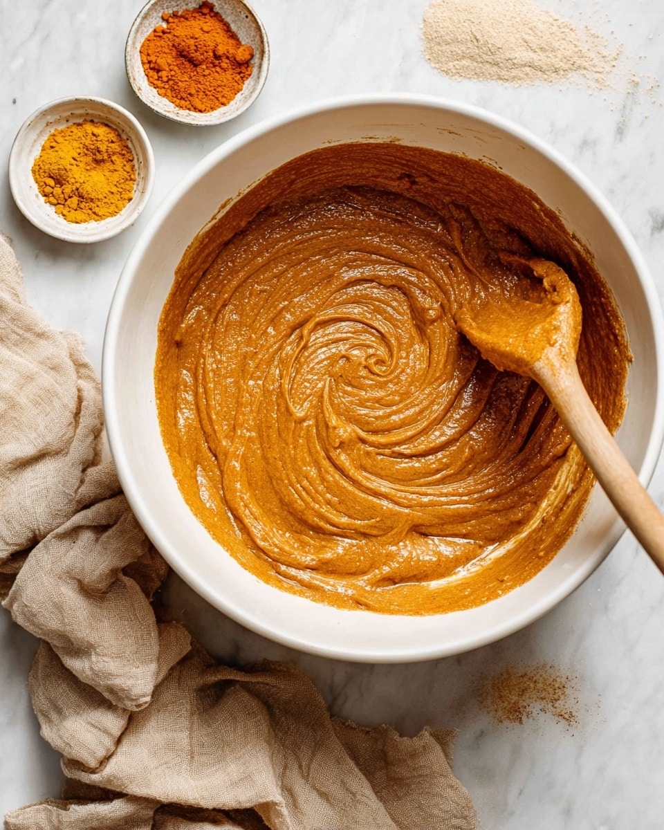 A large white bowl filled with smooth, thick orange-brown batter being stirred by a wooden spoon, showing swirling texture in the center; near the bowl, two small white bowls hold loose bright orange and yellow spices, and the scene is set on a white marbled surface with a crumpled beige cloth on the side. photo taken with an iphone --ar 4:5 --v 7