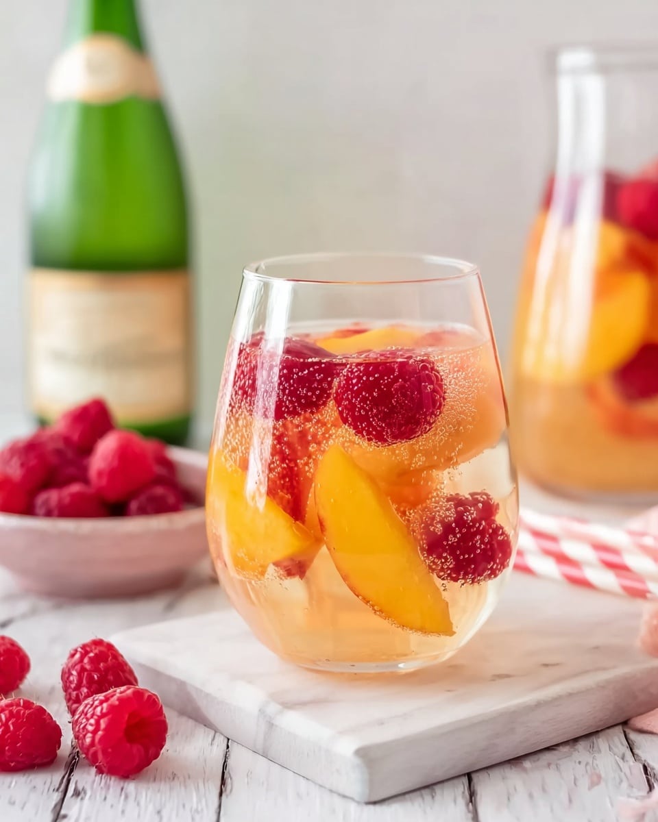 A close-up of a clear glass filled with a bubbly, light orange drink layered with whole raspberries and slices of yellow peach floating near the top and middle. Behind the glass, a white pitcher with the same drink and fruit is softly blurred. To the left, a green bottle with a white and gold label stands next to some loose raspberries on a white wooden table. A white and red striped straw lies beside the glass. The setting is on a white marbled surface with a soft, bright background. photo taken with an iphone --ar 4:5 --v 7