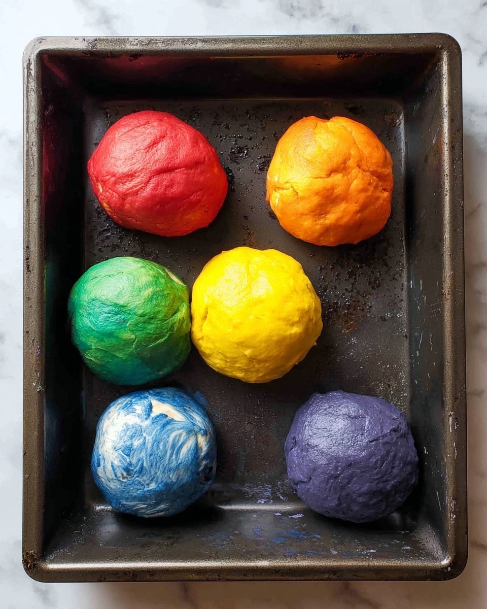A black metal baking pan holds six round dough balls, each a different bright color arranged in a circle. Starting from the top left and moving clockwise, the colors are bright red, orange, yellow, green, blue with white marbling, and dark purple. Each dough ball has a smooth but slightly uneven texture, showing some shine and soft folds. The pan's surface is well-used with dark patches and scratches, placed on a white marbled countertop. photo taken with an iphone --ar 4:5 --v 7