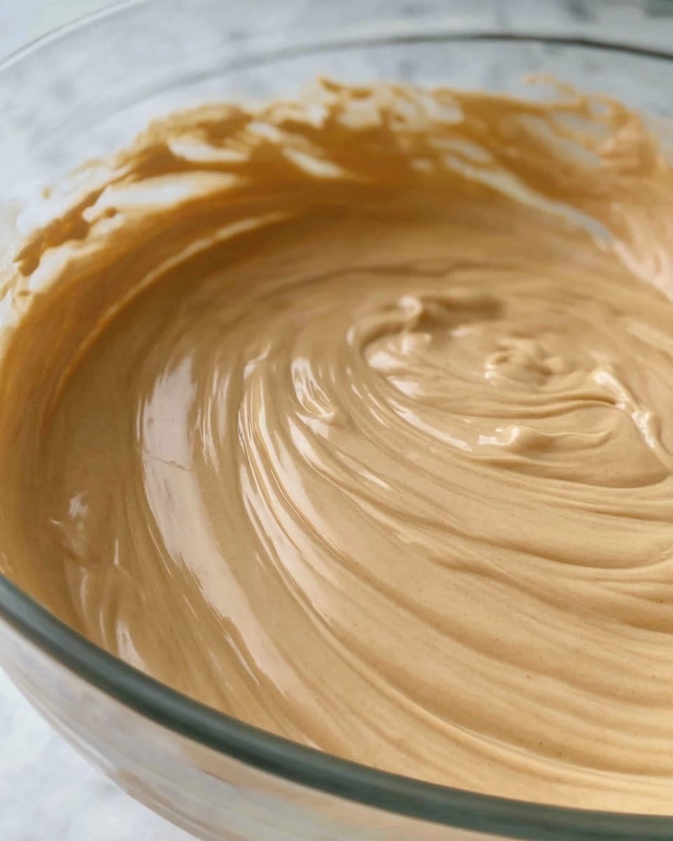 A close-up view of a light brown batter being gently swirled inside a clear glass bowl, showing smooth and creamy texture with subtle waves and folds. The bowl sits on a white marbled surface, and no other elements are visible in the image. photo taken with an iphone --ar 4:5 --v 7