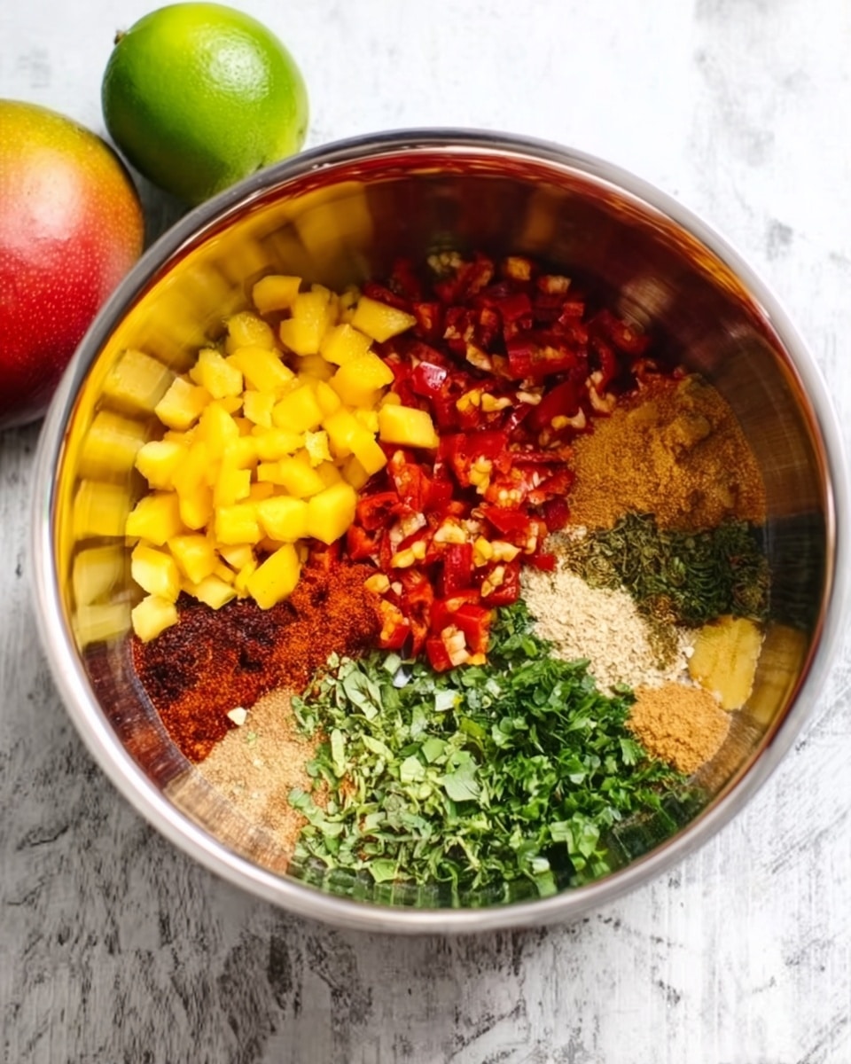 A shiny metal bowl sits on a white marbled surface, filled with seven different finely chopped or ground ingredients arranged in neat sections. On the left is a pile of small yellow pieces, likely mango chunks, next to them are bright red diced peppers. At the bottom left of the bowl is a darker reddish-brown powder, possibly chili or spice mix. Moving clockwise, there are green chopped herbs, then some light brown powder, and at the top right are small beige granules. The ingredients create a colorful and textured mix, ready to be combined. Nearby, a whole green lime, a red pepper, and a whole mango sit on the white marbled surface. Photo taken with an iphone --ar 4:5 --v 7