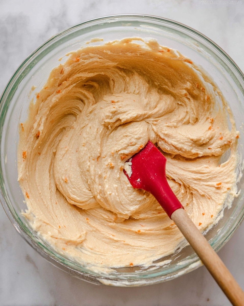 A clear glass bowl holds creamy, light beige batter with a thick, smooth texture. The batter shows swirls and soft peaks made by stirring, with small orange flecks scattered throughout. A red silicone spatula with a wooden handle rests inside the bowl, partially covered with the batter. The bowl is placed on a white marbled surface. photo taken with an iphone --ar 4:5 --v 7
