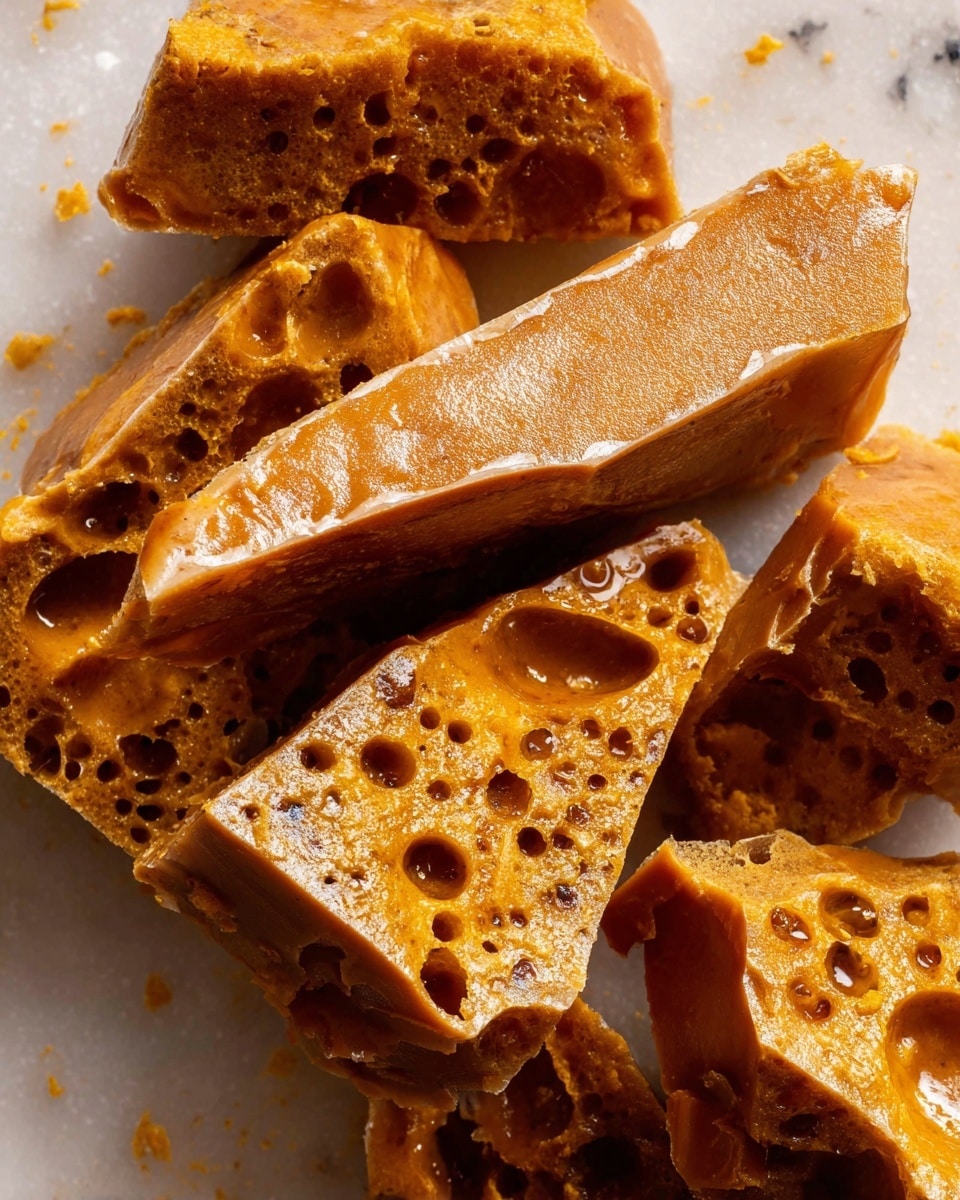 The image shows several pieces of golden honeycomb candy broken into irregular shapes resting on a white marbled surface. Each piece has a shiny, smooth outer layer with a light brown color, while the inside shows a contrasting texture filled with many small and large holes, resembling a sponge with a deeper amber hue. The candy pieces have sharp edges and a rough, bubbly texture inside, creating a rich visual contrast between the smooth top and the porous, airy center. Photo taken with an iphone --ar 4:5 --v 7