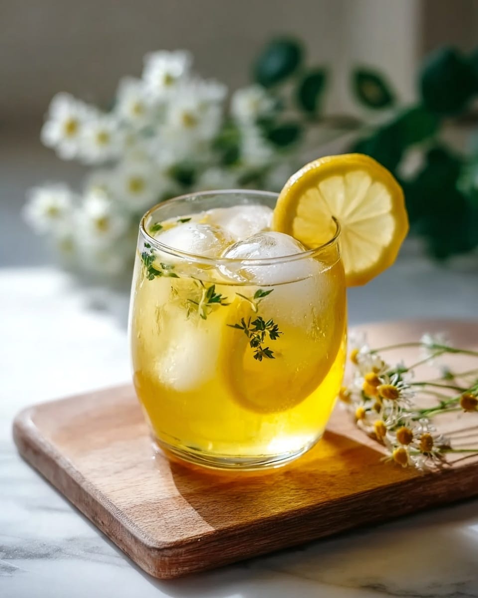 A clear glass filled with a yellow drink stands on a wooden board. Inside the glass are several large ice cubes and small green herb leaves. A round slice of lemon with light yellow color is placed on the rim of the glass. The background is softly blurred with white flowers and green leaves, all set on a white marbled surface. Photo taken with an iphone --ar 4:5 --v 7