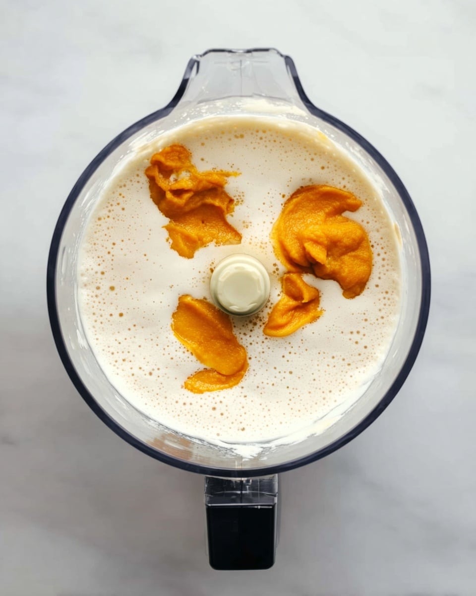 Top view of a clear food processor bowl filled with two parts: a foamy, creamy white liquid base covering most of the bowl, and three uneven dollops of bright orange puree placed near the center and edges, showing a soft, thick texture. The bowl has a black handle at the top and sits on a white marbled surface. photo taken with an iphone --ar 4:5 --v 7