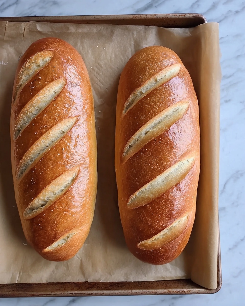 The image shows two freshly baked golden brown loaves of bread on a baking tray lined with parchment paper. Each loaf has five diagonal slashes on top, revealing a lighter beige inner dough with a soft texture. The crust looks shiny and smooth, indicating an egg wash or glaze. The tray is placed on a white marbled surface. photo taken with an iphone --ar 4:5 --v 7