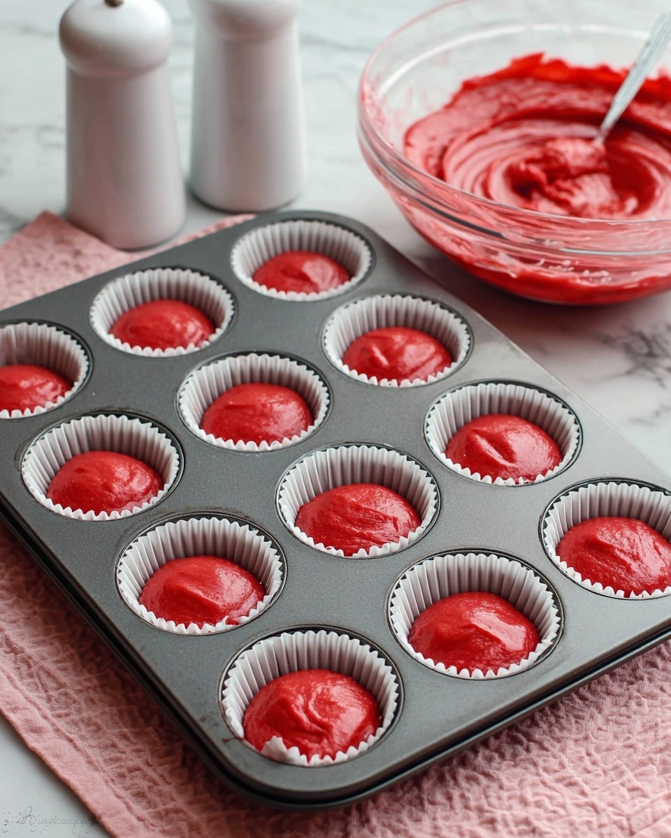 A dark gray metal muffin tray holds twelve white paper liners, each filled partially with smooth, bright red batter that has a thick texture and slightly rounded tops. The muffin tray rests on a soft pink cloth, placed over a white marbled countertop. In the background, there is a clear glass bowl with more of the same red batter inside, showing swirled patterns made by a silver spoon resting in it. Also visible are two white salt and pepper shakers standing upright near the bowl. The lighting highlights the glossy texture of the batter and the clean white of the paper liners. photo taken with an iphone --ar 4:5 --v 7
