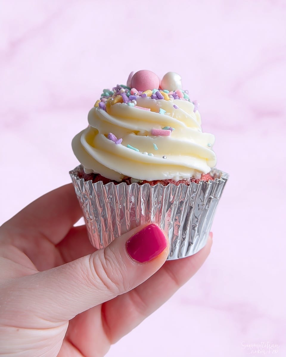 A woman's hand with pink nail polish holds a small cupcake wrapped in a shiny silver liner. The cupcake has three layers of smooth white frosting, swirled into a peak. On top, there are small colorful sprinkles in purple, pink, blue, and yellow, along with larger pink decorations shaped like a ball and a heart. The background is a soft pale pink with a white marbled texture. photo taken with an iphone --ar 4:5 --v 7
