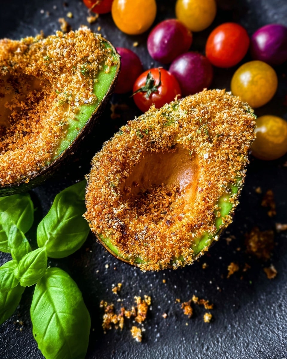 The image shows two avocado halves coated in a golden brown crumb layer with a rough texture, placed on a dark surface with small crumbs scattered around. The green outer skin of the avocado is visible around the edges beneath the crumb coating. Near the top right, there are small, colorful round tomatoes in red, yellow, and purple hues. At the bottom of the image, fresh green basil leaves add a smooth, glossy texture and vibrant color contrast. photo taken with an iphone --ar 4:5 --v 7